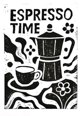 Ilse: "Espresso Time", Linolschnitt auf Paint On Papier, 21x15 cm, 2026