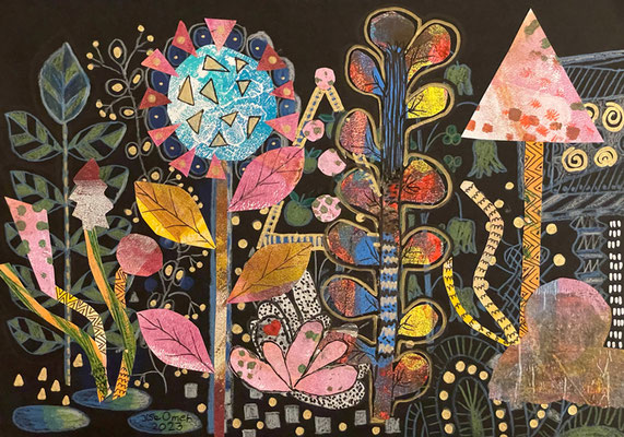 Ilse: Papiercollage, Buntstift und Goldmarker auf schwarzem Papier, 2023