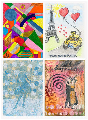Ilse: "Aceokarten 002,003,005,006", 2021/2022  ACEOsteht für „Art Cards, Editions and Originals“. Da man ATCs nur tauschen darf,   hat man sich ACEOs ausgedacht. Sie sind genauso groß, 6,4x8,9 cm.