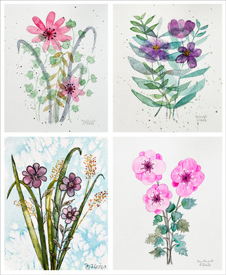 Ilse: "Fantasieblumen", links unten 15x12 cm, 28x21 cm,  Aquarell auf Papier, 2020