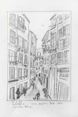 Ingrid: "Straße in Italien", 2024, Postkartengröße, Bleistiftzeichnung auf Papier