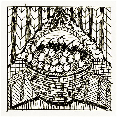 Gisela: "Apfelernte", Fineliner auf Papier, 10x10 cm, 2022