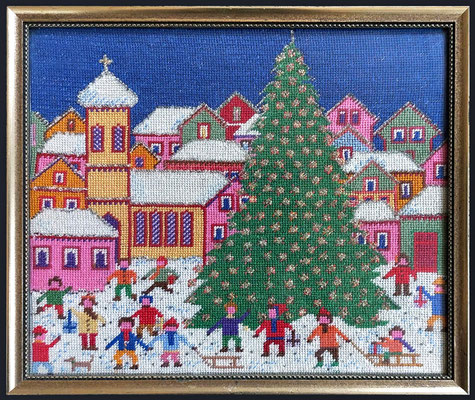 Toni: "Weihnachtszeit", Stickerei, 32x38 cm,1976. Auf dem Weihnachtsbaum sind viele kleine Glasperlen, die man leider nicht so gut erkennen kann 