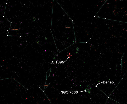 IC 1396 is located under the "house", which the constellation Cepheus most resembles.