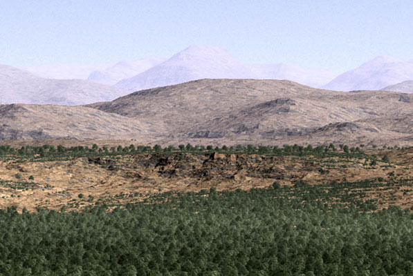 Detail of the previous illustration. Archeopteris and Eospermatopteris trees clad the edge of an alluvial plain that comprises the oldest sediments of the present-day North Sea Basin. These were the first tree-forming plants to evolve.