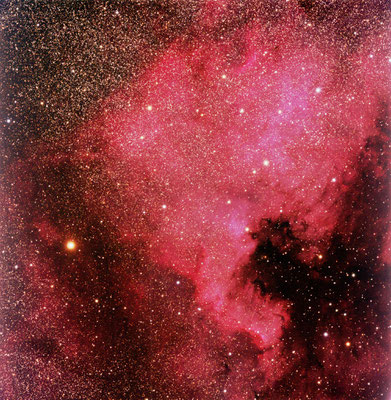 NGC 7000. Date: 5 Sept 2016, Loc: Rennesøy, Norway, Telescope: Esprit 120 ED, Camera: Apogee Alta U16M, Mount: ASA DDM160, Exposure: LRGB 6/6/6/6 min, Photographic field is 2.5 x 2.5 degrees.