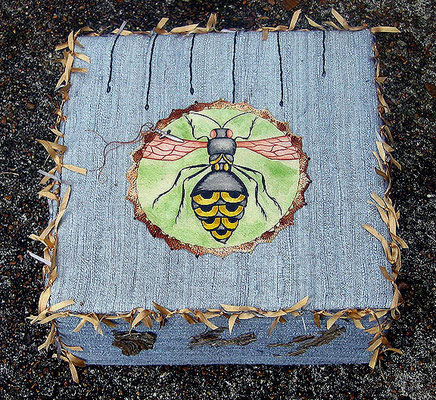 Wasp Box. Hand-constructed silk box with wasp paper, nest, porcelain doll and mixed media elements. 9.5" X 9.5" X 4.5". $1100.