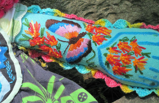 Panama. Detail of arm. Hand-embroidery and mixed media. 18" X 15" X 3". NFS.