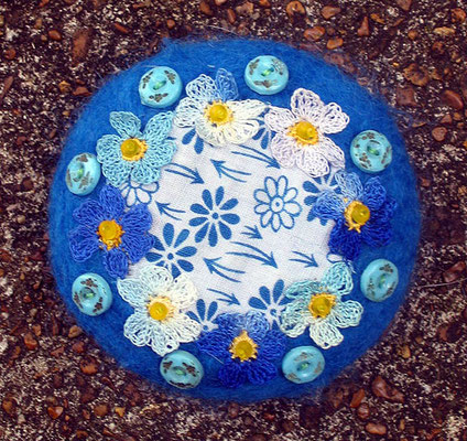 Comforting Object - Bruce's Blue. Needlefelted with Japanese fabric, hand-crocheted flowers, vintage Czech glass buttons, beads and human hair. 3.25" diameter X 1.25 high. NFS.