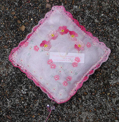 Comforting Object - Pink. Vintage handkerchief with mixed media elements. 5" X 5" X 3.25". NFS.