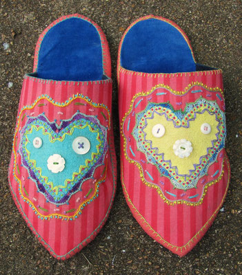 Heart Slippers. Recycled cotton and velvet. Appliqued with hand-embroidery and crochet. Women's size 7. $150.