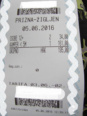 Ticket zur Überfahrt nach Pag. Für Camper unter 6m ca. 30.- Euro