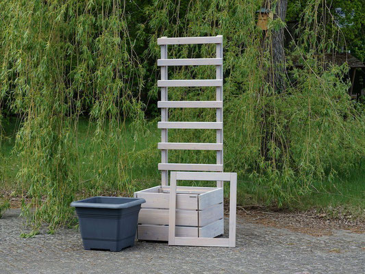 Pflanzkübel Holz L mit Rankgitter / Spalier, Gesamthöhe: 180 cm, Oberfläche: Transparent Grau