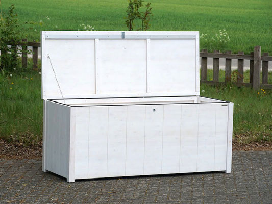 Auflagenbox / Kissenbox Holz nach Maß, Größe 185 x 70 x 78 cm, Oberfläche: Transparent Weiß