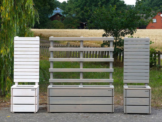 Pflanzkasten Holz Lang S mit Rankgitter / Spalier, Maße: 132 x 41 x 150 cm, Oberfläche: Transparent Grau