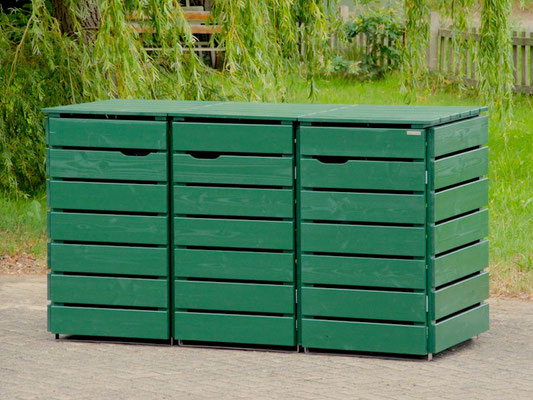 3er Mülltonnenbox / Mülltonnenverkleidung Holz 240 L, Oberfläche: Tannengrün (RAL 6009)
