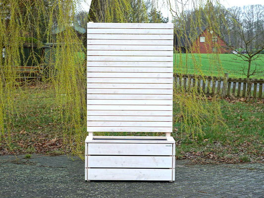 Pflanzkasten Holz mit Sichtschutz, Länge: 112 cm, Höhe: 200 cm, Oberfläche: Transparent Weiß