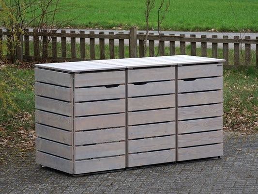 3er Mülltonnenbox / Mülltonnenverkleidung aus Holz für 240 L Mülltonnen, Oberfläche: Transparent Grau
