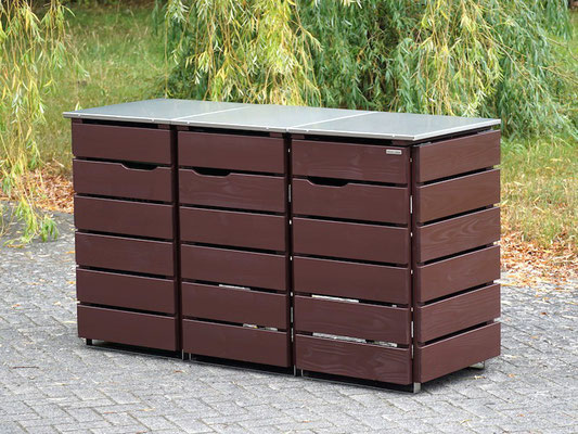 3er Mülltonnenbox / Mülltonnenverkleidung 120 L mit Edelstahl - Deckel, Oberfläche: Dunkelbraun / Schokoladenbraun (RAL 8017)