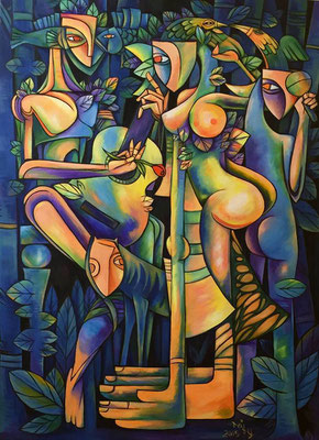 OIL ON CANVAS 30"X 40 " BY :DEIBY TITLE : SERENATA EN LA JUNGLA  ORIGINAL SOLD