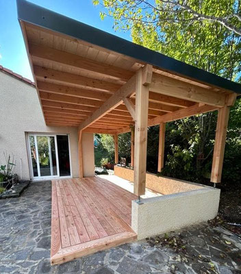 Pool house fabrication sur mesure + lames de terrasse en bois de mélèze