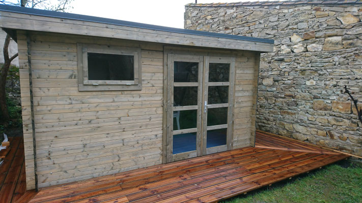 Abris de jardin Elsa 11.3 m² traité gris  madriers 28 mm 
