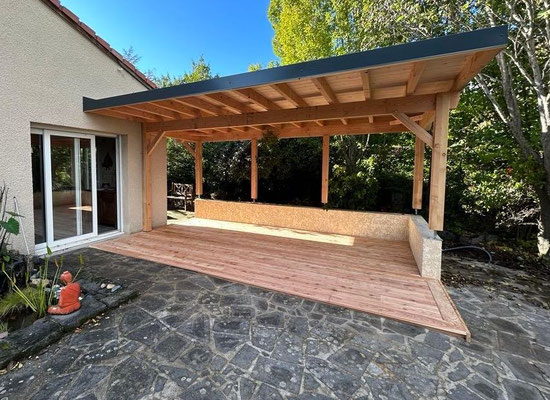 Pool house fabrication sur mesure + lames de terrasse en bois de mélèze