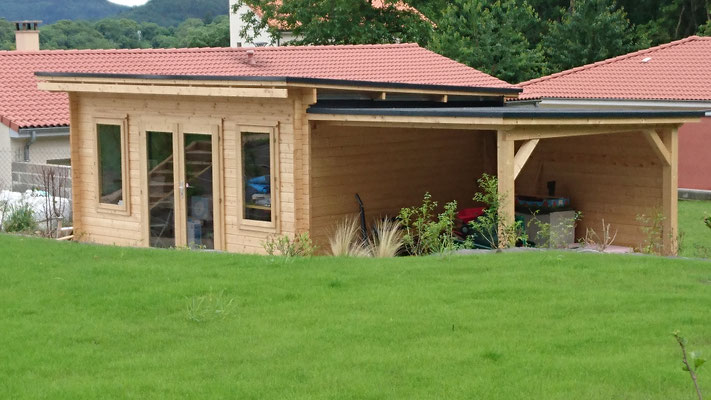 Abris Lisa 19.4m² madriers 44mm+ auvent sur mesure