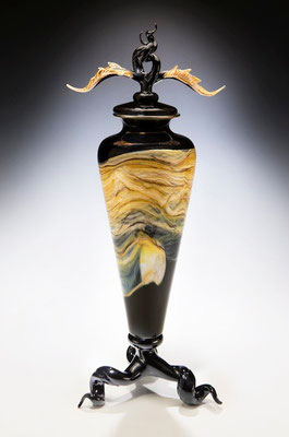Black Strata Tendril Footed Vessel with Avian Finial