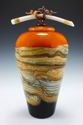 Tangerine Strata Covered Jar with Bone & Tendril Finial