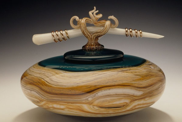 Sage Strata Covered Bowl with Bone & Tendril Finial