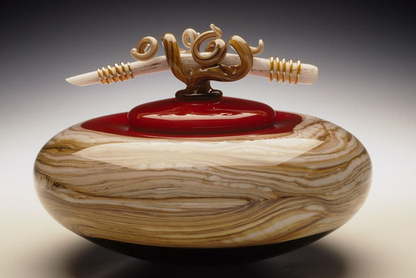Ruby Strata Covered Bowl with Bone & Tendril Finial