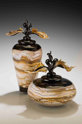 Black Strata Covered Jar and Bowl with Avian Finials