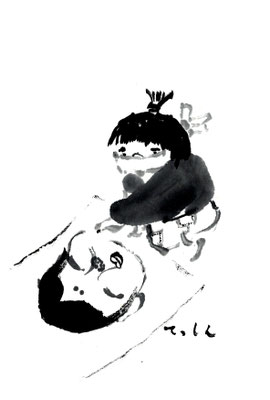 模写】【掛軸】良寛 子供と手毬 矢崎虎夫 水墨画 紙本 落款あり