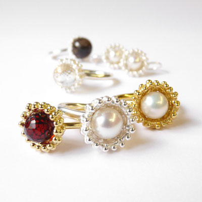 Ringe Silber, teils goldplattiert, Perlen, Citrin, Rauchquarz
