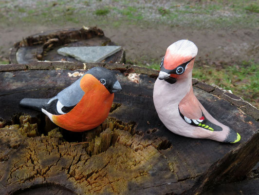 Bullfinch and Bohemian Waxwing, made of clay and acryllic in Sweden, 2017