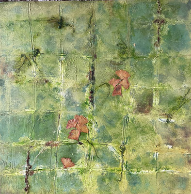 Herbst   ...   Steinmehle, Acryl, Tusche und Naturmaterialien auf Leinwand   ...   100 x 100 cm