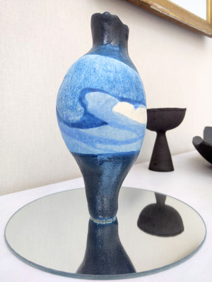 Small unique flower vase in white stoneware, underglaze pen & non toxic glazings.