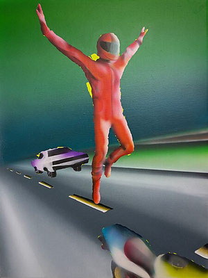 Racer Malevich — Release the Acceleration: airbrush painting designed in 3D, a red racing-suit figure lands lightly above the lane while a car drives along the highway behind him.