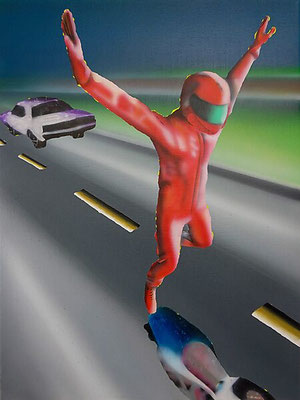 Racer Malevich — Laat de versnelling los: airbrushschilderij ontworpen in 3D, close-up van een rood motorpak-figuur met gespreide armen boven een snelweg terwijl een auto op de achtergrond rijdt.