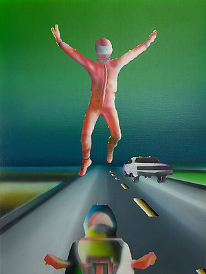 Racer Malevich — Laat de versnelling los: airbrushschilderij ontworpen in 3D, een rood motorpak-figuur zweeft met gespreide armen boven een snelweg terwijl onderaan een motorrijder rijdt en een auto op de weg nadert.