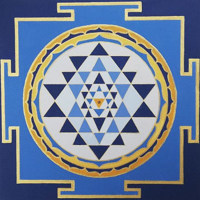 Shri Yantra in blau und gold