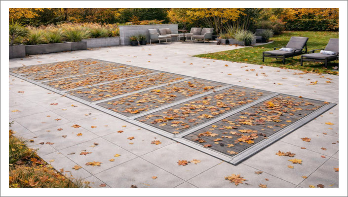 Modulare begehbare Poolabdeckung im Herbst