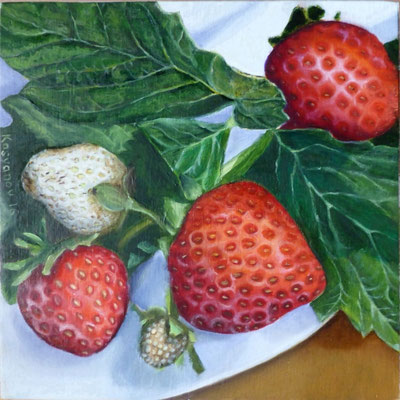 "Erdbeeren" Ölgemälde auf Holz (15×15cm) 2015