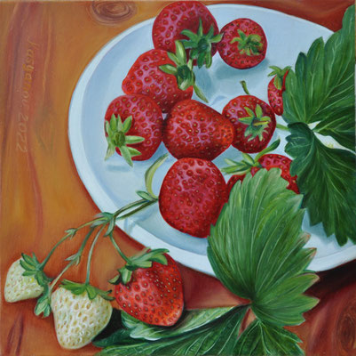 "Erdbeeren" Ölgemälde auf Holzkasten (20x20cm.) 2022
