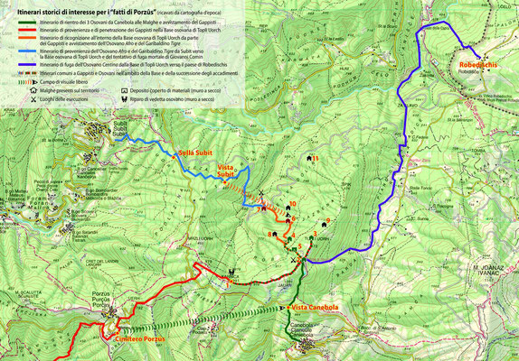 Mappa della zona di Topli Uorch con indicati gli itinerari significativi.