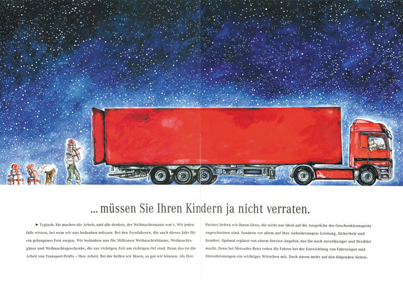 Innen-Illustration für MERCEDES BENZ, Broschüre "Wer die Geschenke wirklich bringt..."  © Caroline Ronnefeldt 