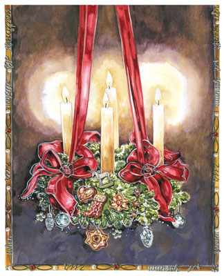 großer Adventskranz mit roten Schleifen Aquarell © Caroline Ronnefeldt