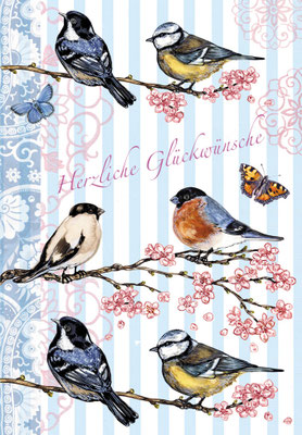 Geburtstagskarte "Frühlingsvögel" Gouache und Photoshop  Caroline Ronnefeldt für Edition Tausendschön