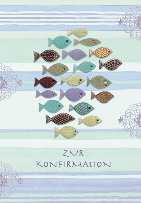 Grusskarte zur Konfirmation "Fischschwarm" Mischtechnik Caroline Ronnefeldt für Edition Tausendschön